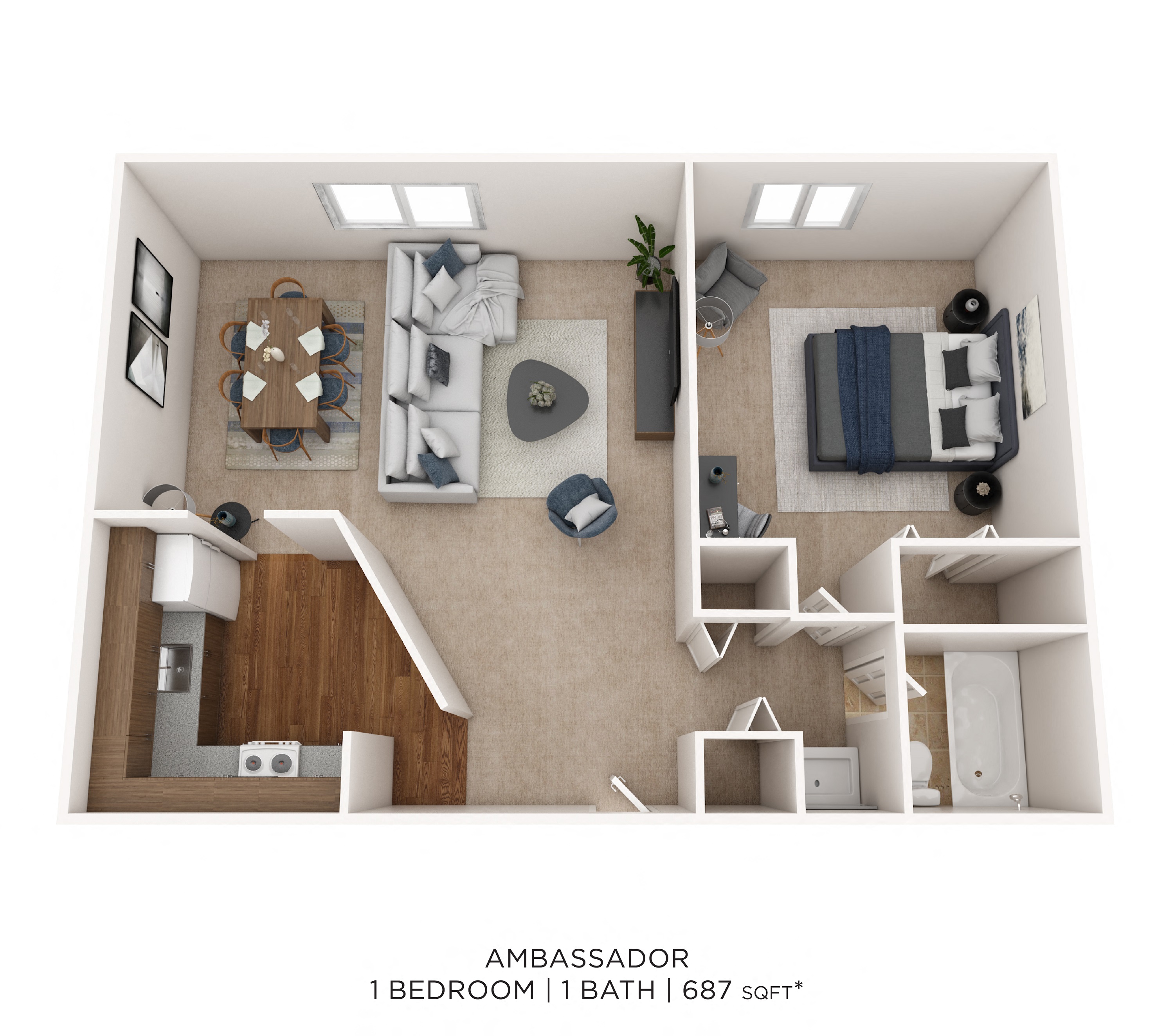 Floor plan for 1 bed, 1 bath, 687 sqft